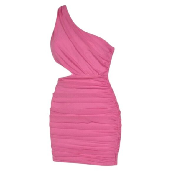Hello Molly One-Shoulder Hot Pink Ruched Cutout Mini Dress NYE M - Picture 3 of 12